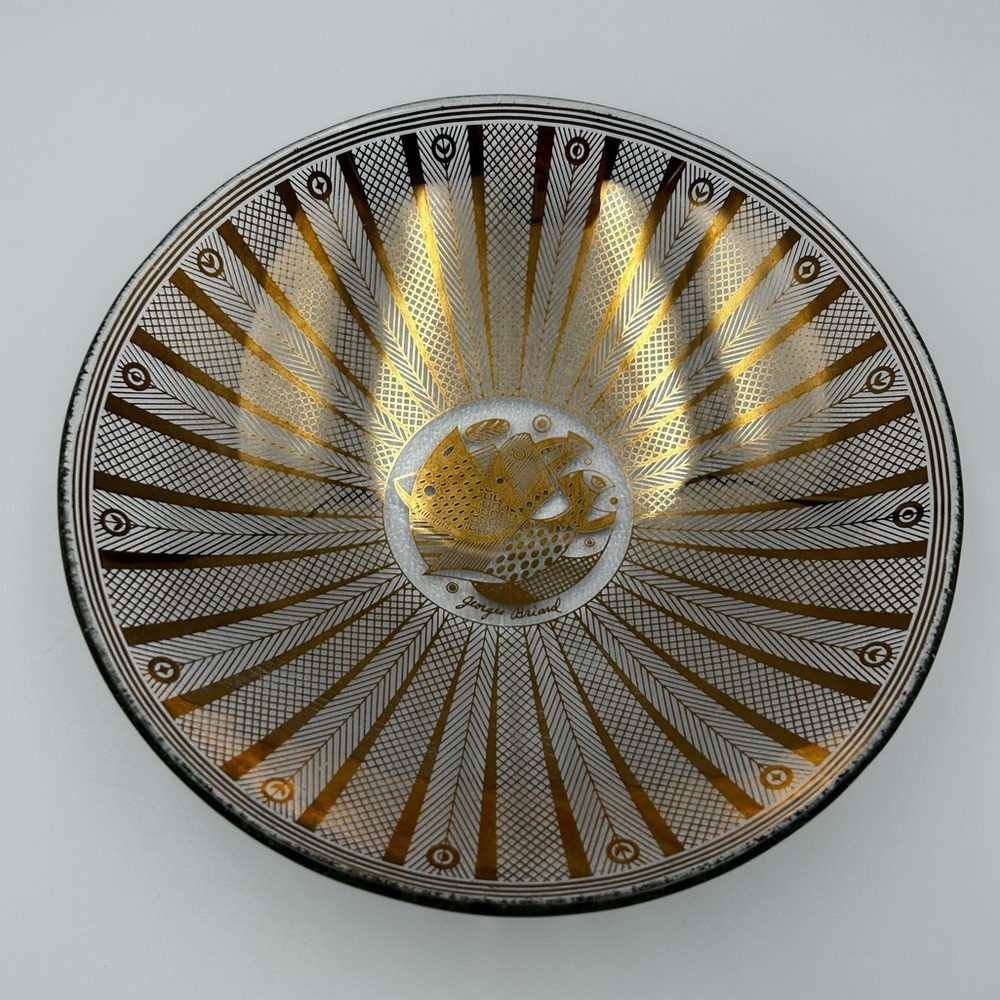 Vintage Georges Briard Signed Glass 7.5" Bowl Gold Fish Geometric Design MCM